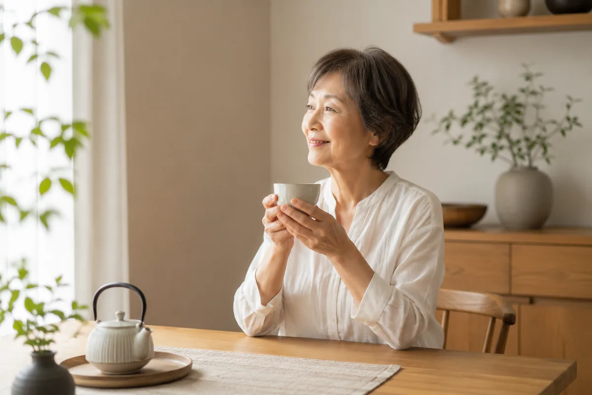 お茶を手に微笑む高齢の女性のイメージ